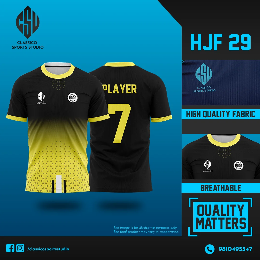 HJF 29 Custom Football Jersey with Black-Yellow Gradient and Geometric Pattern | Classico Sportswear Nepal