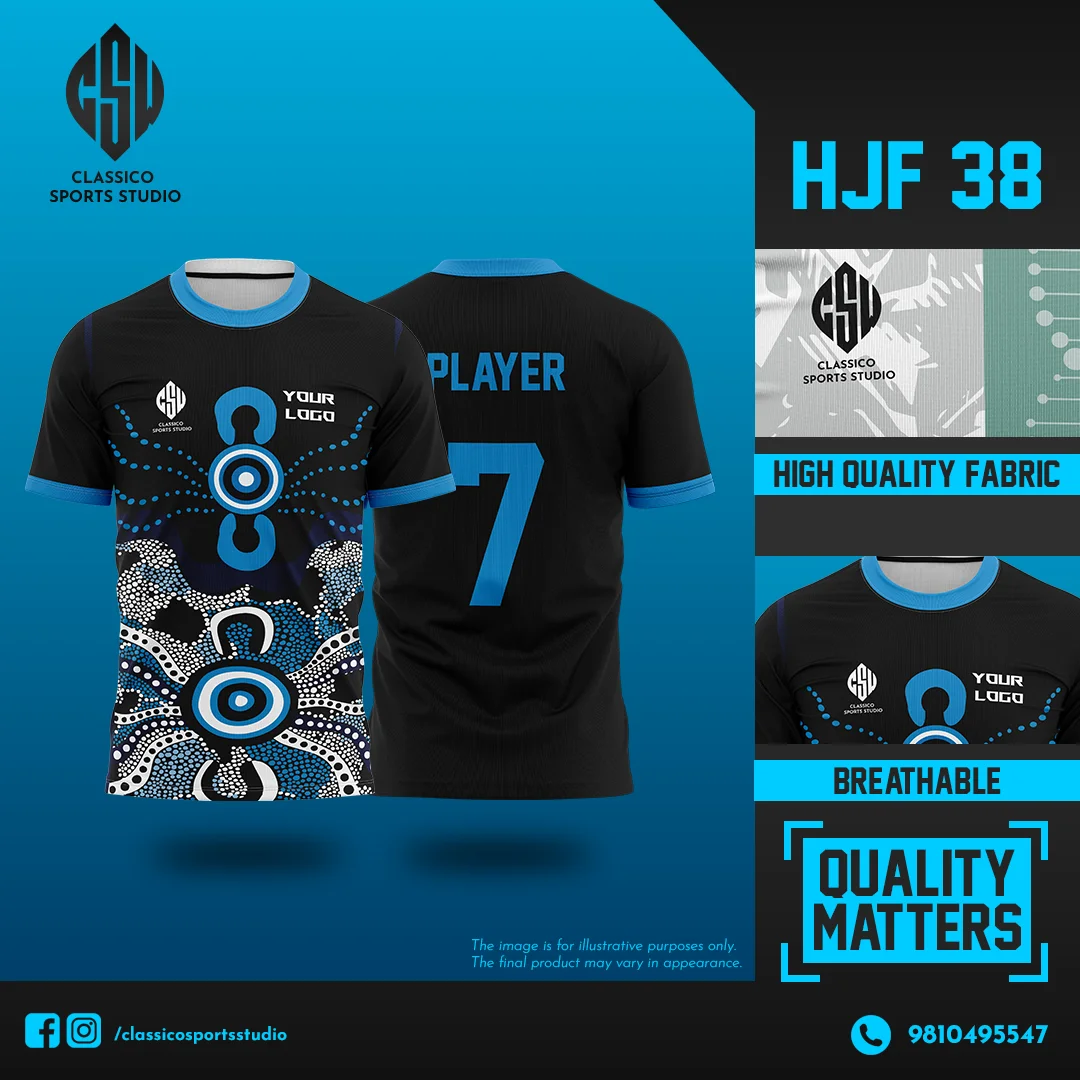 HJF 38 Black and Blue Football Jersey with Tribal Dot Pattern | Classico Sportswear Nepal