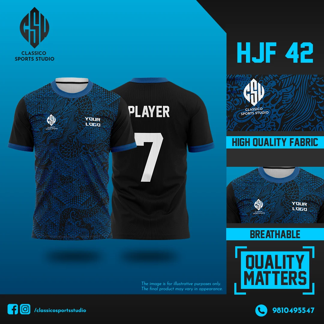 HJF 42 Black and Royal Blue Football Jersey with Dragon-Scale Pattern | Classico Sportswear Nepal