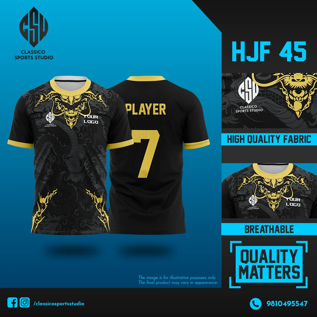 HJF 45 Black Football Jersey with Gold Dragon Design | Classico Sportswear Nepal