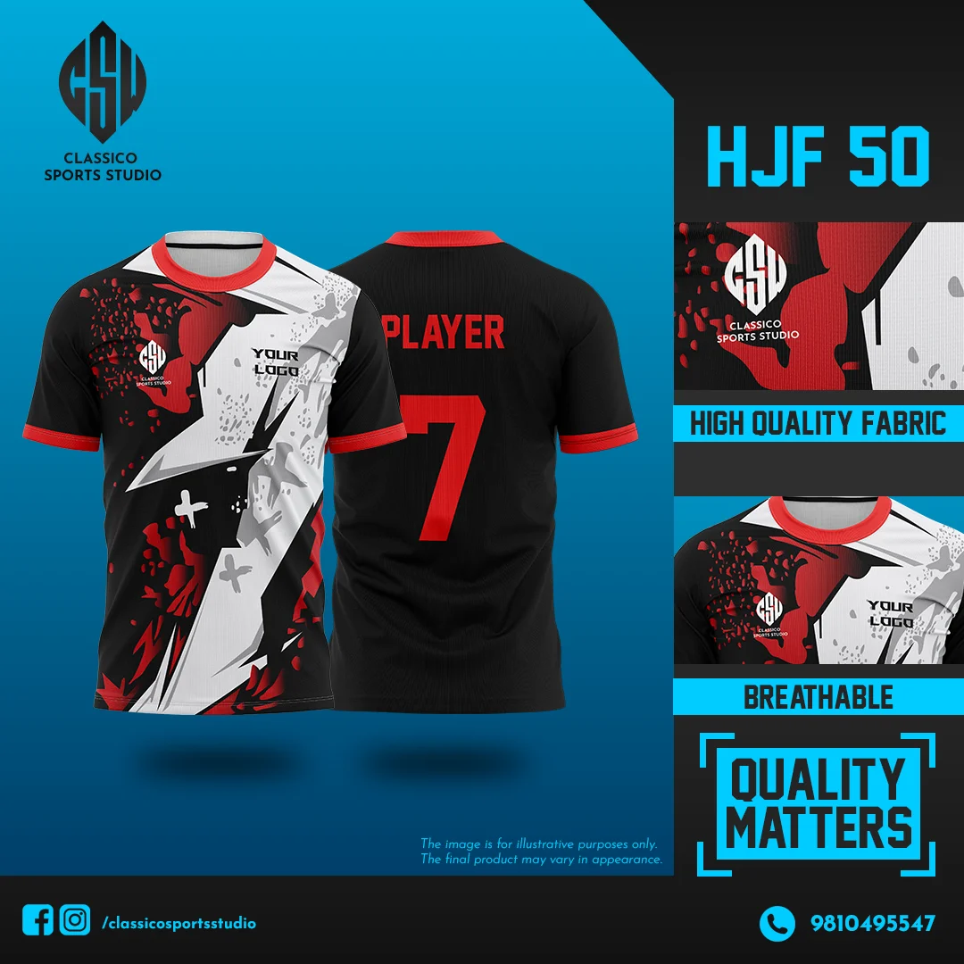 HJF 50 Black Football Jersey with Red & White Abstract Design | Classico Sportswear Nepal