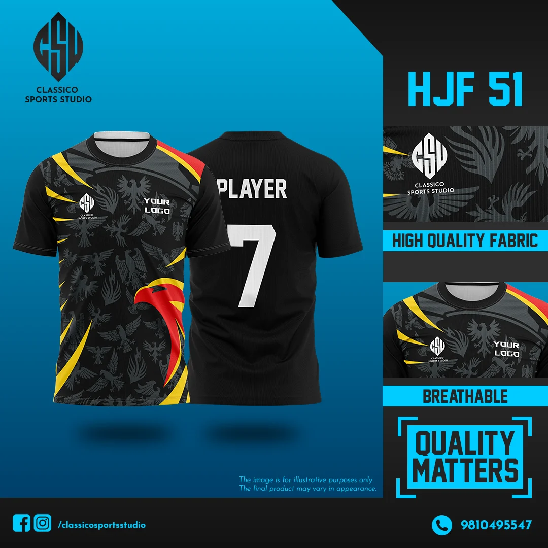 HJF 51 Black Football Jersey with Yellow & Red Phoenix Graphics | Classico Sportswear Nepal